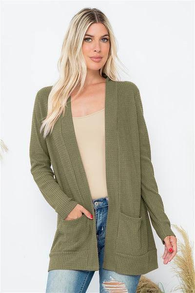 YMC30002XV-PLUS SIZE BRUSHED WAFFLE LONG SLEEVE SIDE POCKET OPEN FRONT CARDIGAN 3-2-1