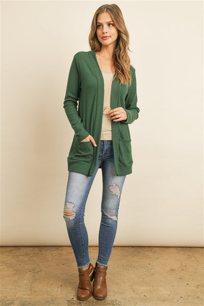 YMC30002XV-PLUS SIZE BRUSHED WAFFLE LONG SLEEVE SIDE POCKET OPEN FRONT CARDIGAN 3-2-1