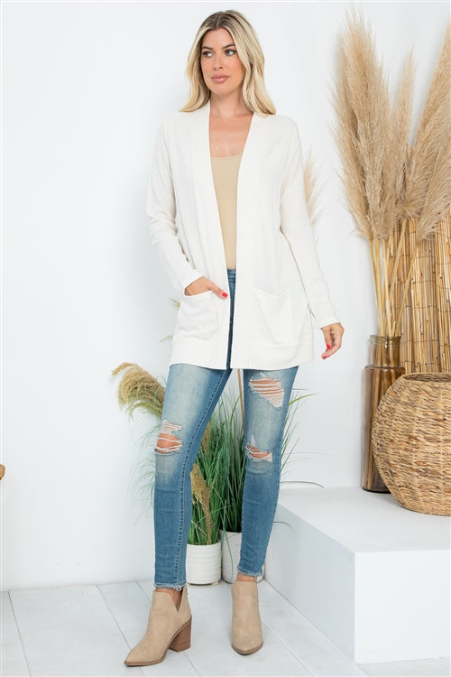 YMC30002XV-PLUS SIZE BRUSHED WAFFLE LONG SLEEVE SIDE POCKET OPEN FRONT CARDIGAN 3-2-1