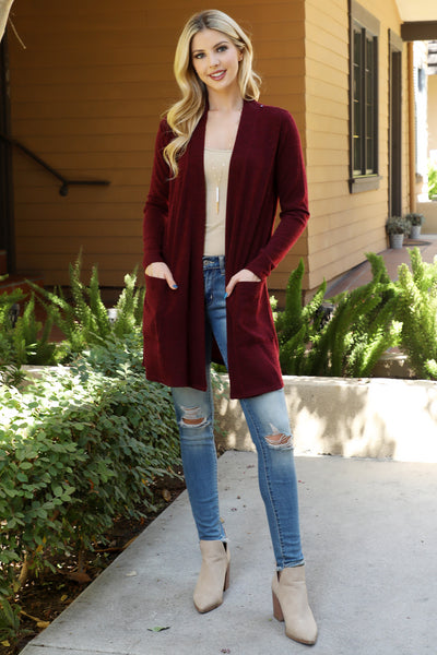 SOLID FRONT POCKETS OPEN CARDIGAN 1-1-1-1
