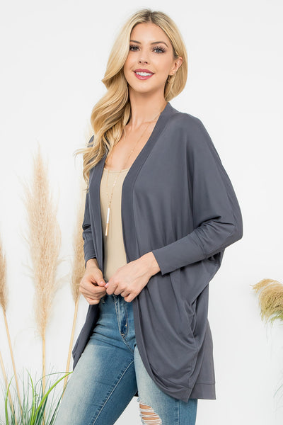 SOLID DOLMAN SLEEVE OPEN CARDIGAN WITH SIDE POCKET 1-1-1-1