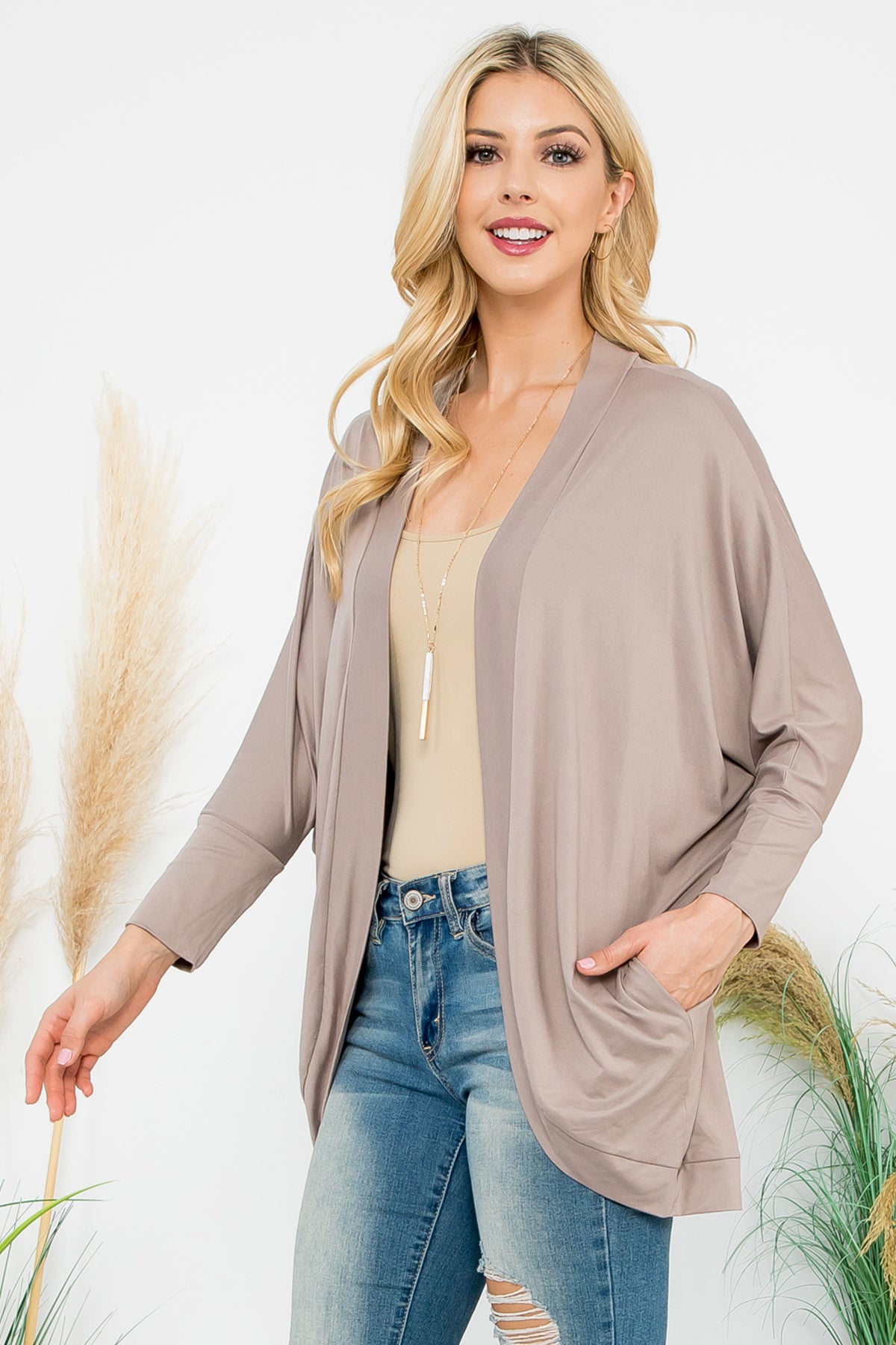 SOLID DOLMAN SLEEVE OPEN CARDIGAN WITH SIDE POCKET 1-1-1-1