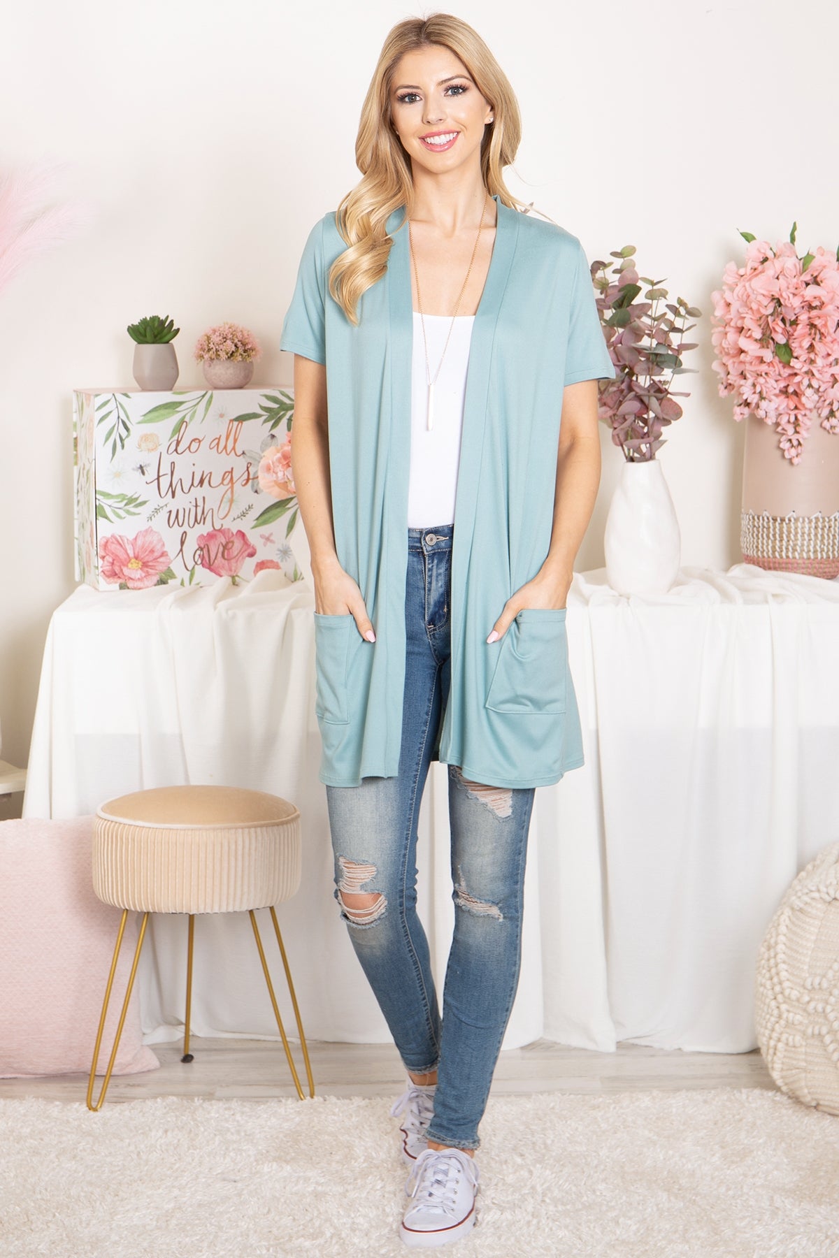 SHORT SLEEVE OPEN FRONT SOLID CARDIGAN 1-2-2-2