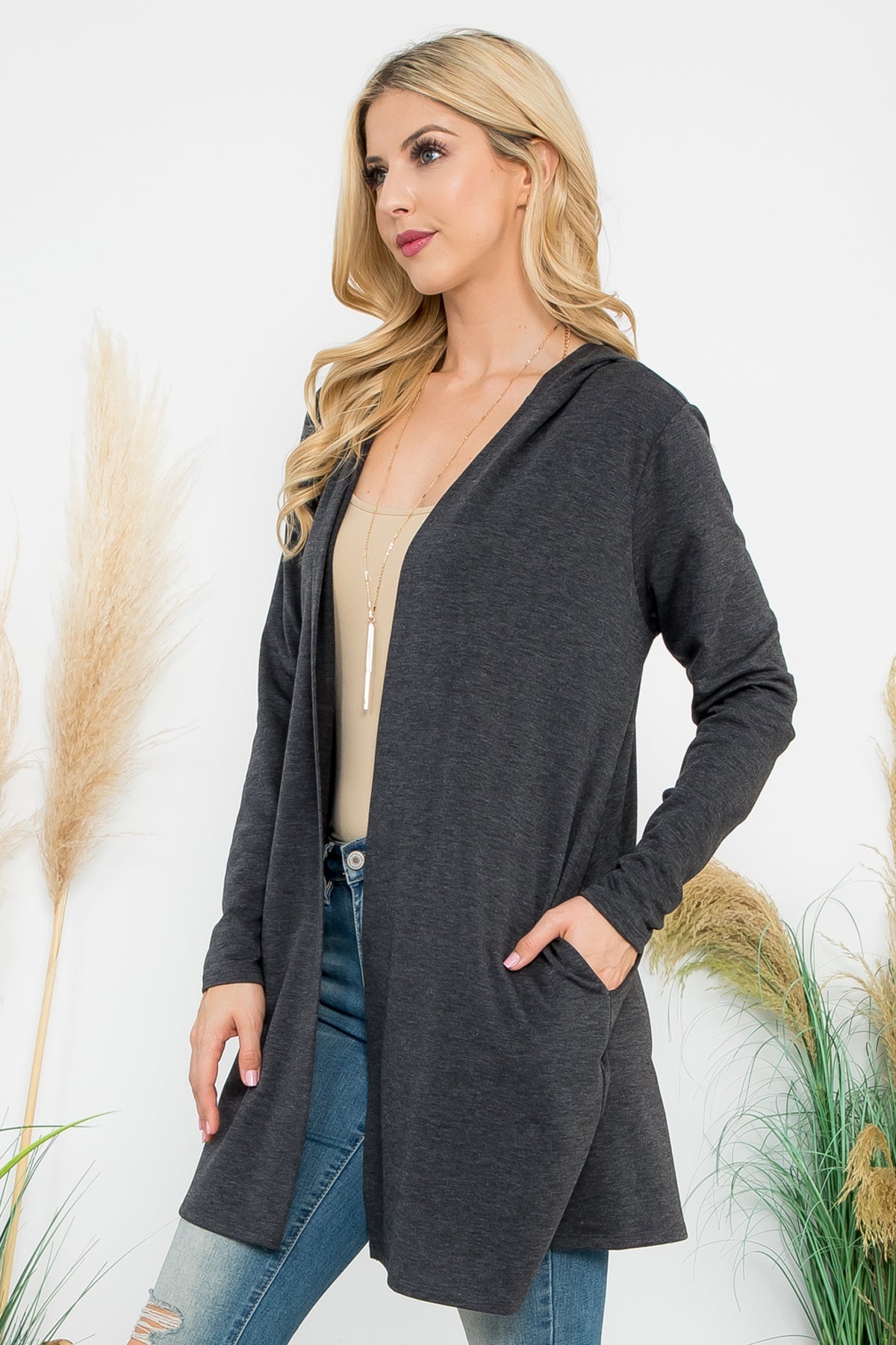 PLUS SIZE LONG SLEEVE OPEN FRONT FRENCH TERRY HOODIE CARDIGAN 3-2-1