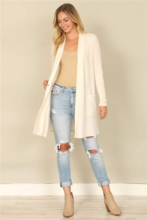YMC30014V-HACCI SOLID LONG SLEEVE SIDE POCKET OPEN FRONT CARDIGAN 1-2-2-1