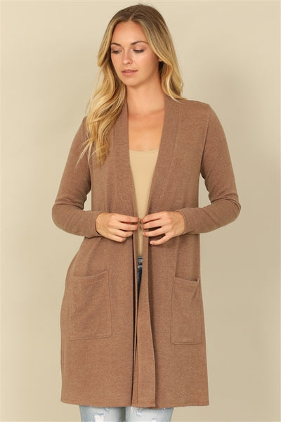 YMC30014V-HACCI SOLID LONG SLEEVE SIDE POCKET OPEN FRONT CARDIGAN 1-2-2-1