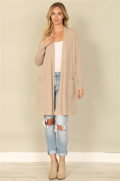 YMC30014V-HACCI SOLID LONG SLEEVE SIDE POCKET OPEN FRONT CARDIGAN 1-2-2-1