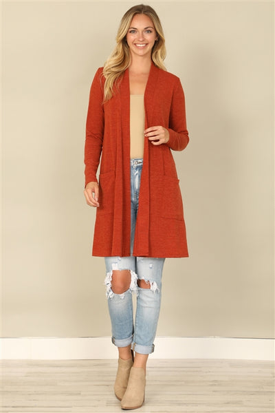 YMC30014V-HACCI SOLID LONG SLEEVE SIDE POCKET OPEN FRONT CARDIGAN 1-2-2-1