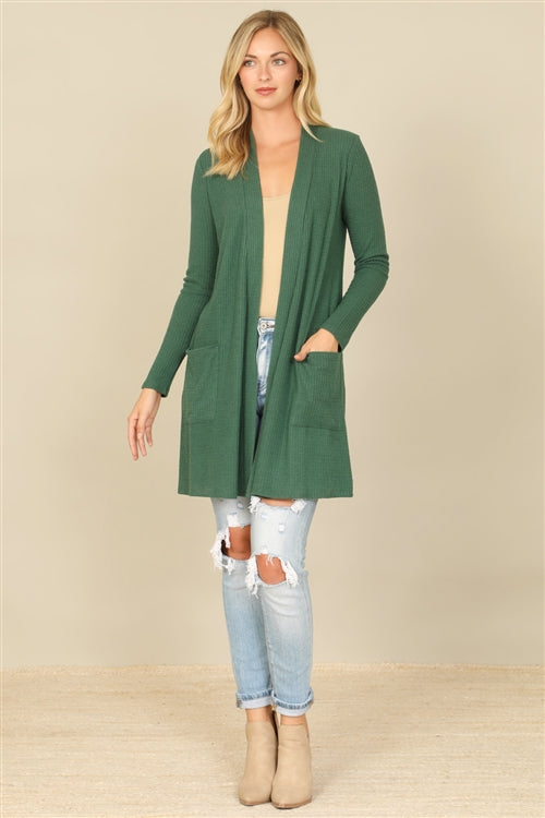 YMC30016V-BRUSHED WAFFLE  LONG SLEEVE SIDE POCKET OPEN FRONT CARDIGAN 1-2-2-1