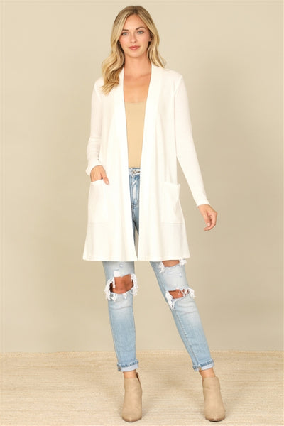 YMC30016V-BRUSHED WAFFLE  LONG SLEEVE SIDE POCKET OPEN FRONT CARDIGAN 1-2-2-1