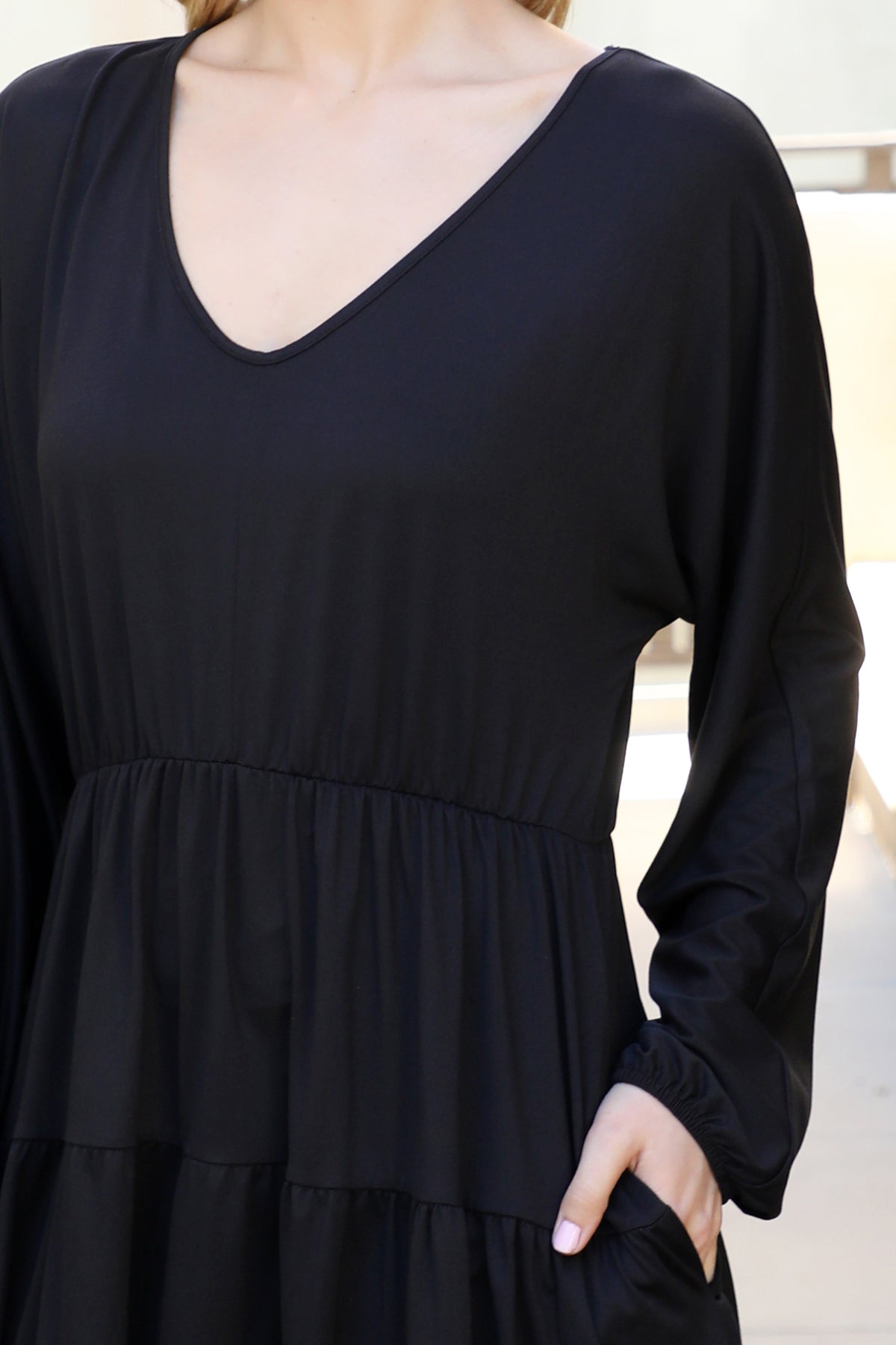 SOLID LONG SLEEVE TIERED RUFFLE DRESS 1-2-2-1