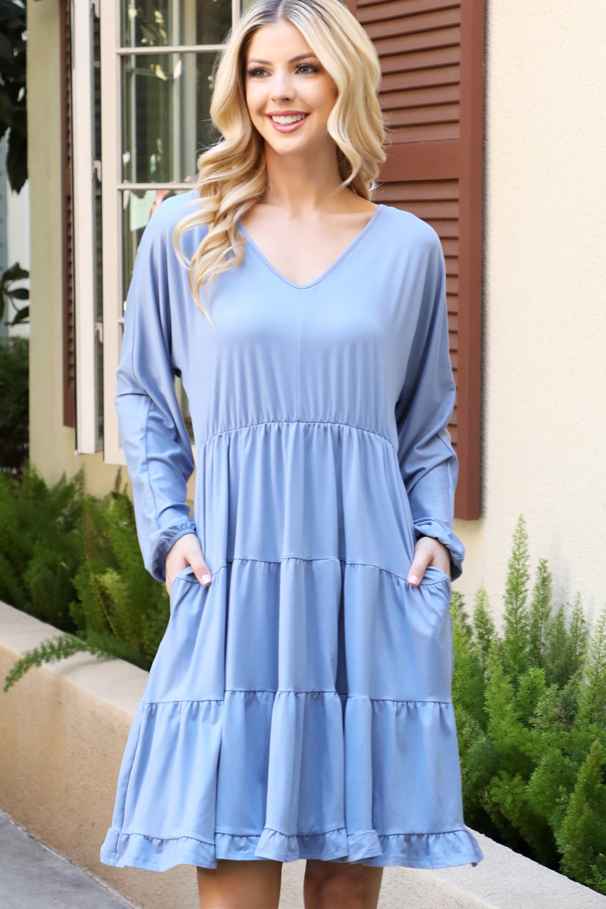 SOLID LONG SLEEVE TIERED RUFFLE DRESS 1-2-2-1