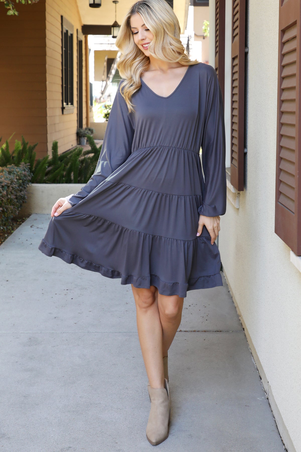 SOLID LONG SLEEVE TIERED RUFFLE DRESS 1-2-2-1