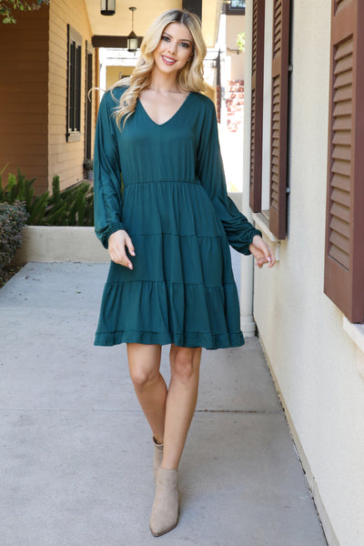 SOLID LONG SLEEVE TIERED RUFFLE DRESS 1-2-2-1