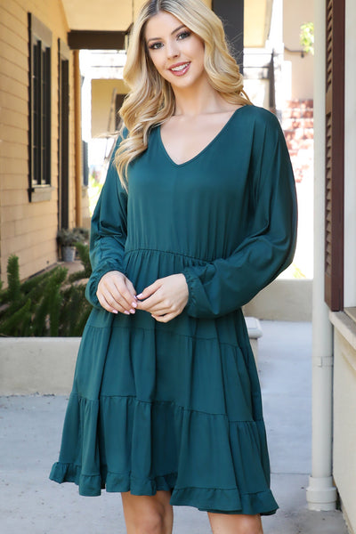 SOLID LONG SLEEVE TIERED RUFFLE DRESS 1-2-2-1