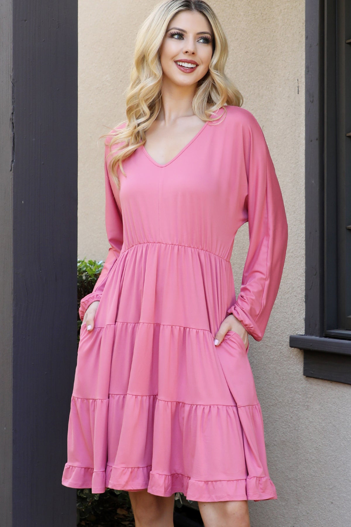 SOLID LONG SLEEVE TIERED RUFFLE DRESS 1-2-2-1