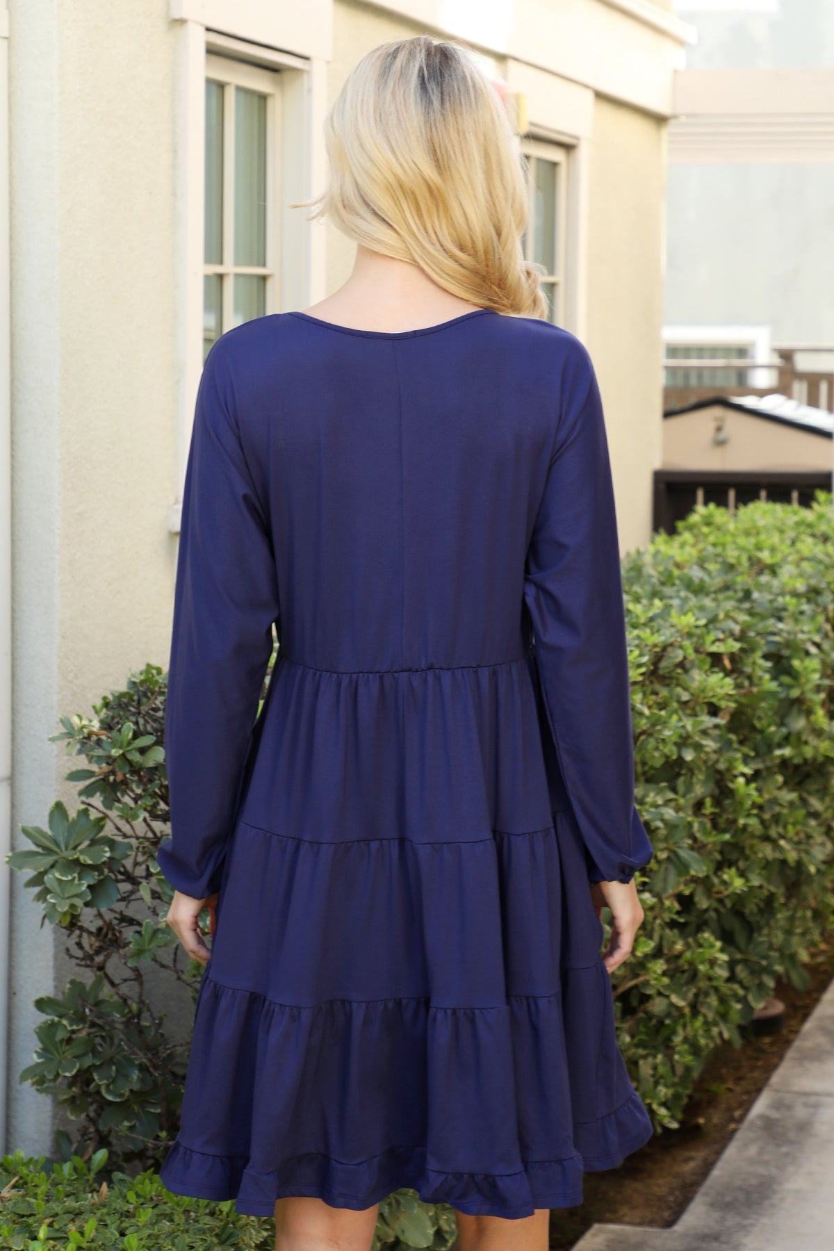 SOLID LONG SLEEVE TIERED RUFFLE DRESS 1-2-2-1