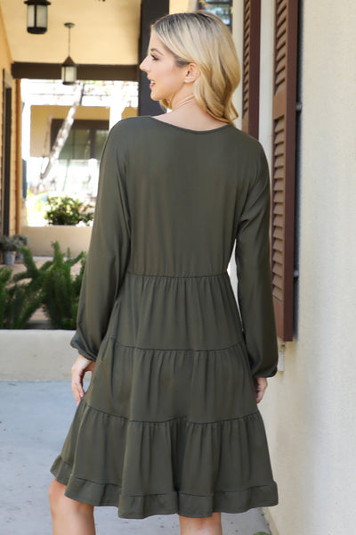 SOLID LONG SLEEVE TIERED RUFFLE DRESS 1-2-2-1