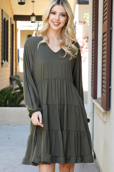YMD10002V-SOLID LONG SLEEVE TIERED RUFFLE DRESS 2-4-2