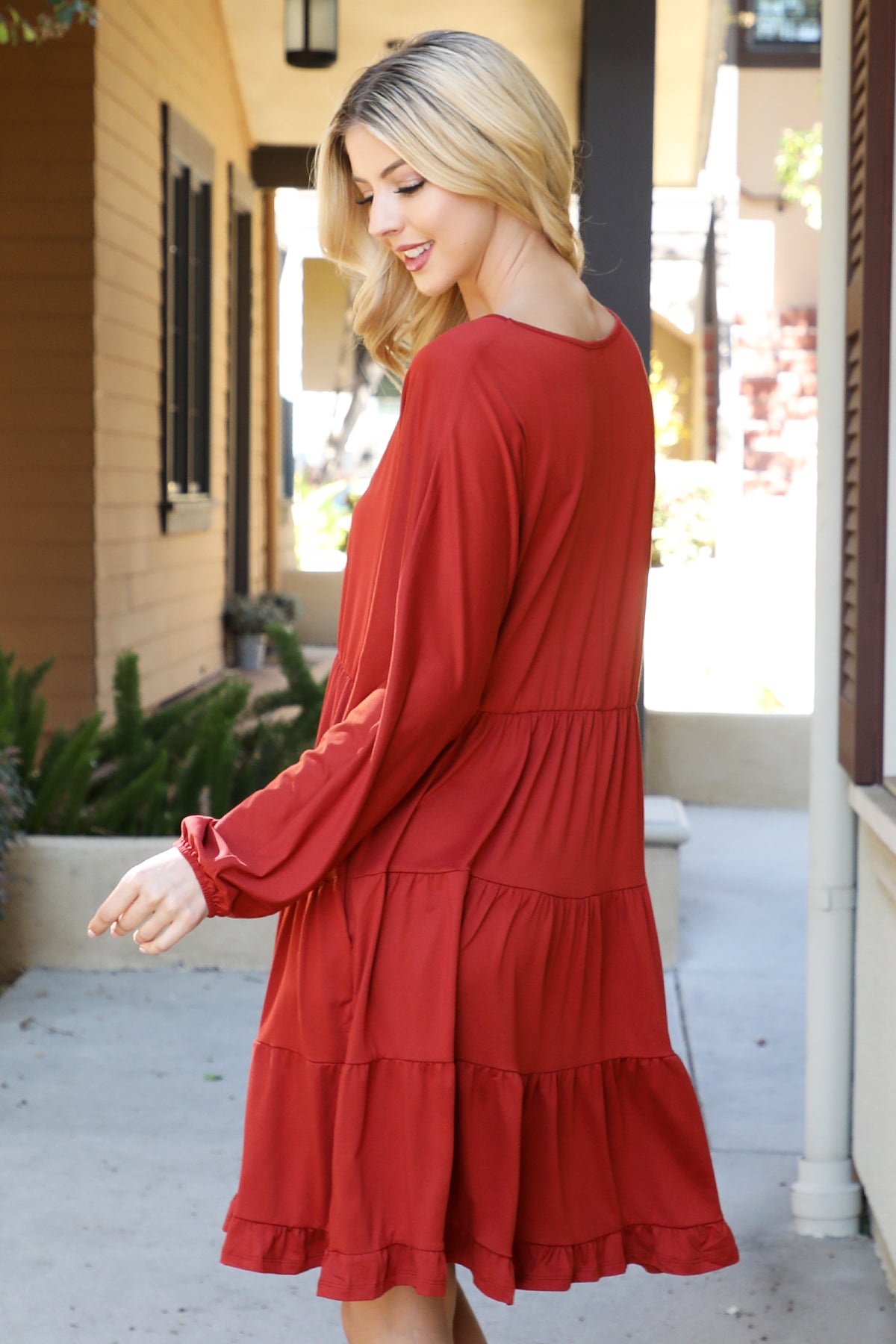 SOLID LONG SLEEVE TIERED RUFFLE DRESS 1-2-2-1