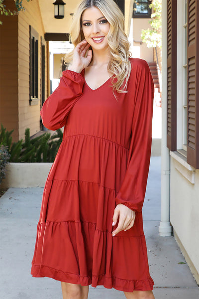 SOLID LONG SLEEVE TIERED RUFFLE DRESS 1-2-2-1