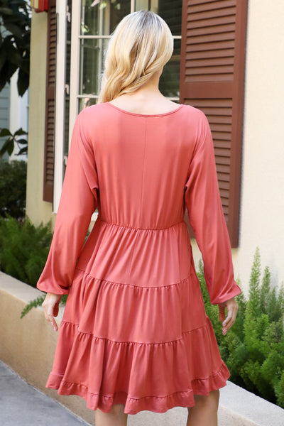 SOLID LONG SLEEVE TIERED RUFFLE DRESS 1-2-2-1