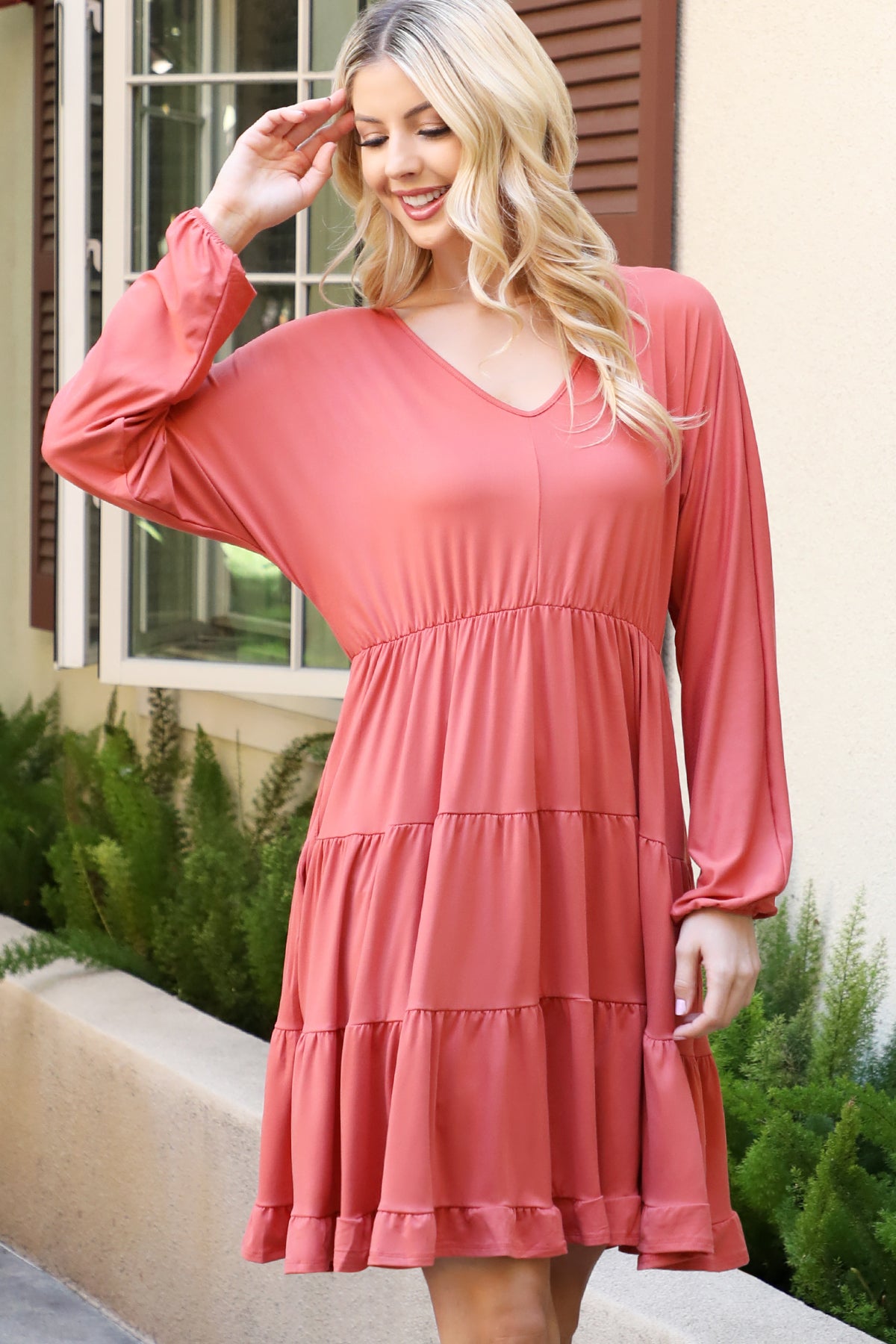 SOLID LONG SLEEVE TIERED RUFFLE DRESS 1-2-2-1