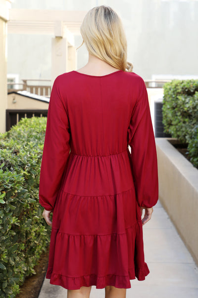 SOLID LONG SLEEVE TIERED RUFFLE DRESS 1-2-2-1