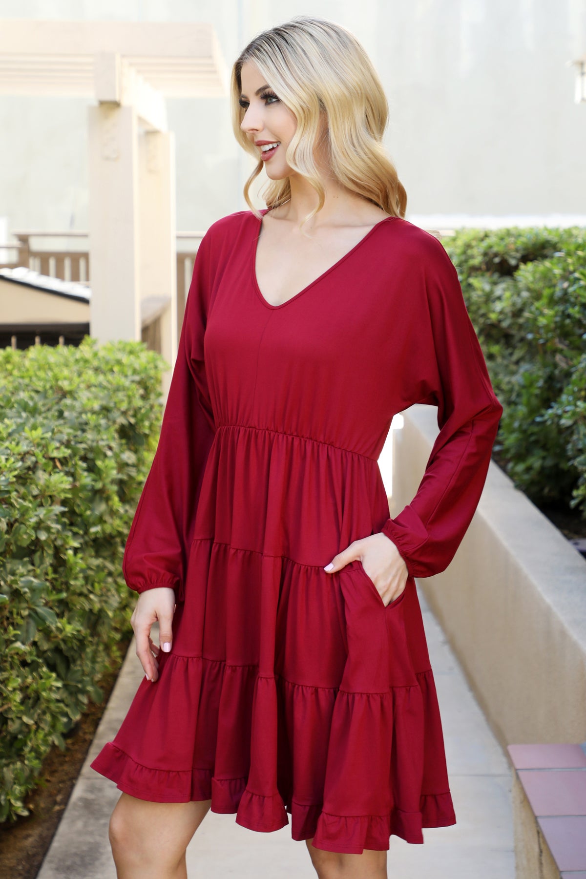 SOLID LONG SLEEVE TIERED RUFFLE DRESS 1-2-2-1