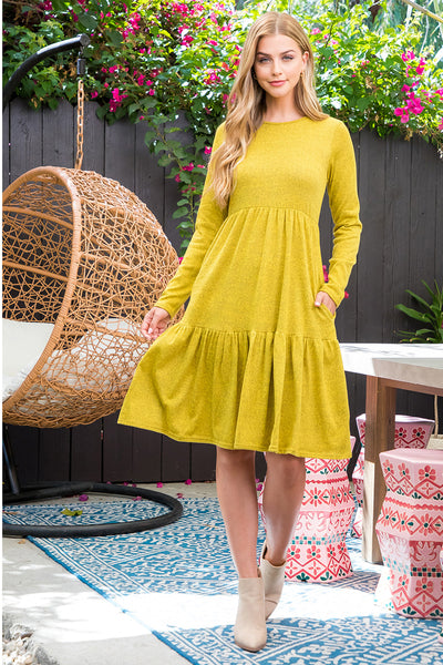 YMD10012-LONG SLEEVE TIERED RUFFLE TRI-BLEND DRESS 0-1-0-9