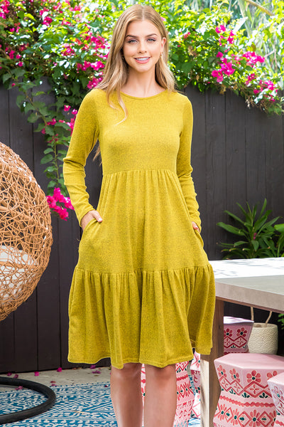 YMD10012X-PLUS SIZE LONG SLEEVE TIERED RUFFLE TRI-BLEND DRESS 0-2-0