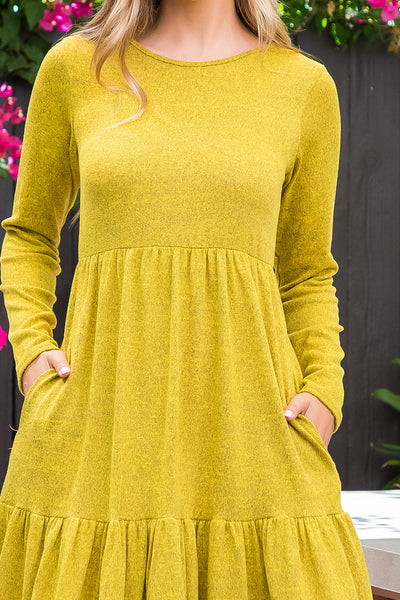 YMD10012-LONG SLEEVE TIERED RUFFLE TRI-BLEND DRESS 0-1-0-9
