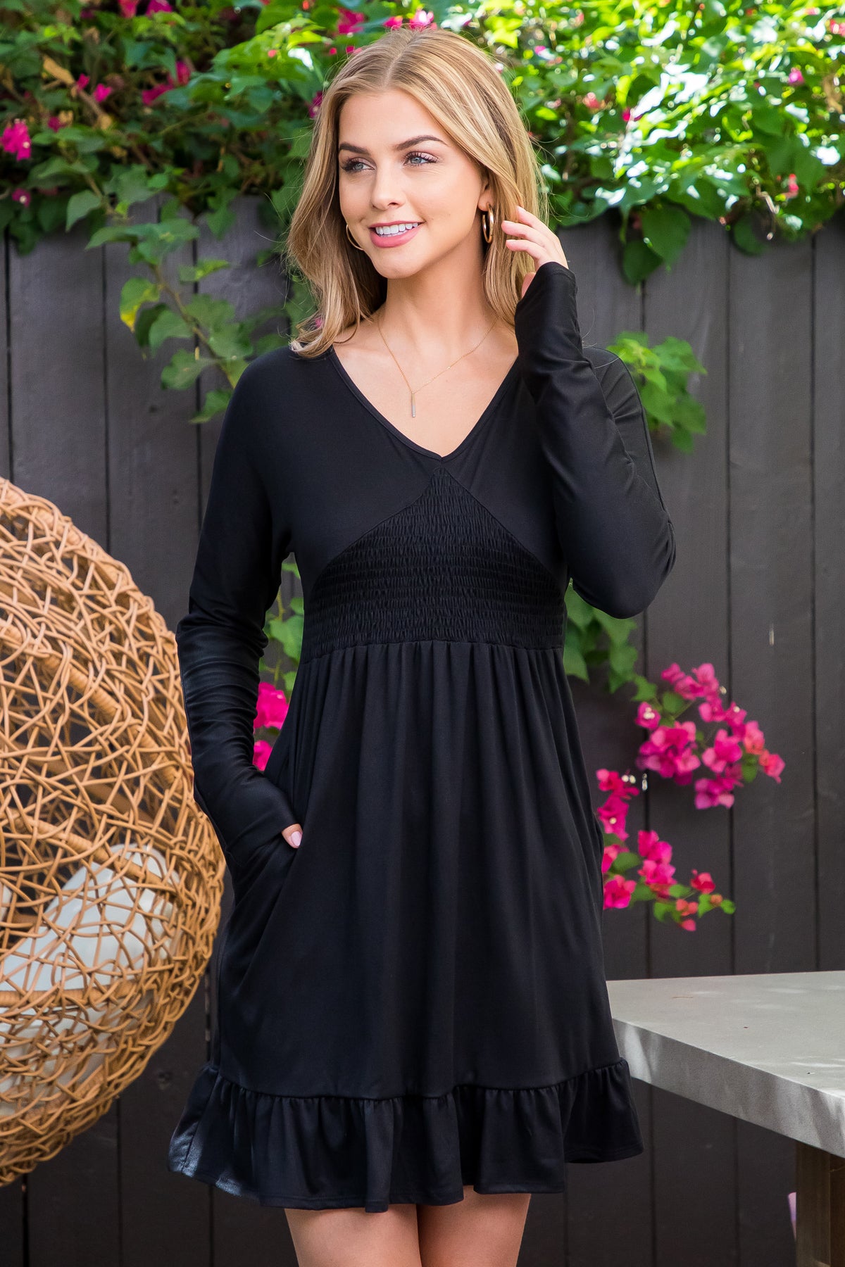 LONG SLEEVE PLUNGING NECKLINE SMOCKED DRESS 1-2-2-2 (NOW $10.75 ONLY!)