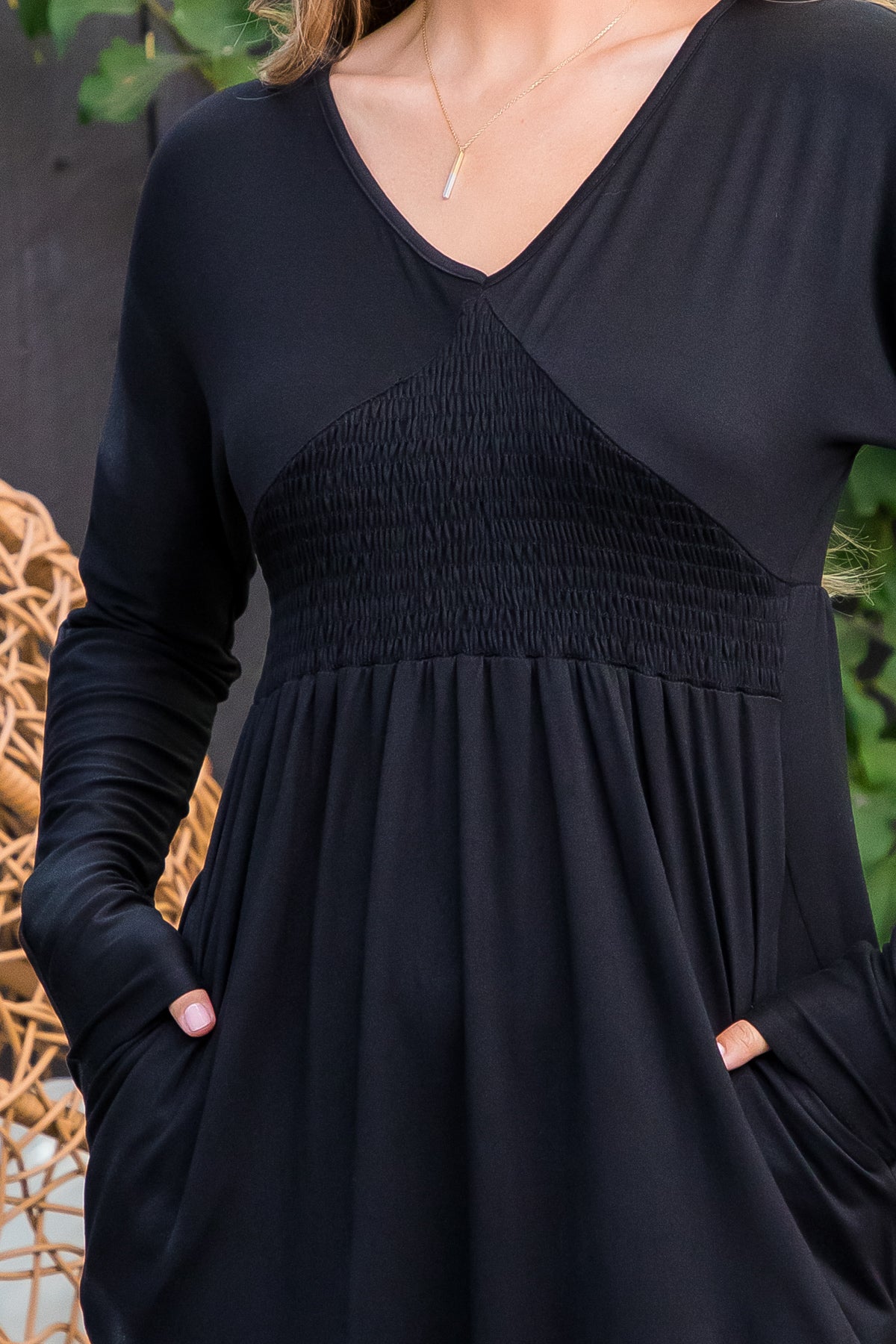 LONG SLEEVE PLUNGING NECKLINE SMOCKED DRESS 1-2-2-2 (NOW $10.75 ONLY!)