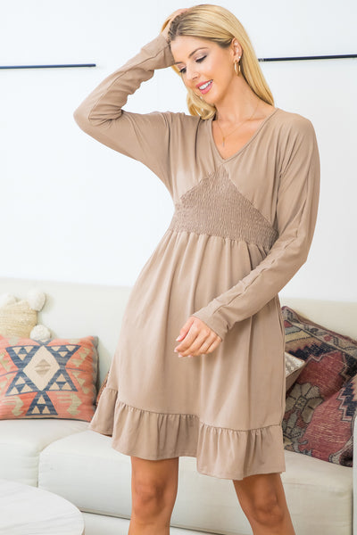 LONG SLEEVE PLUNGING NECKLINE SMOCKED DRESS 1-2-2-2 (NOW $10.75 ONLY!)