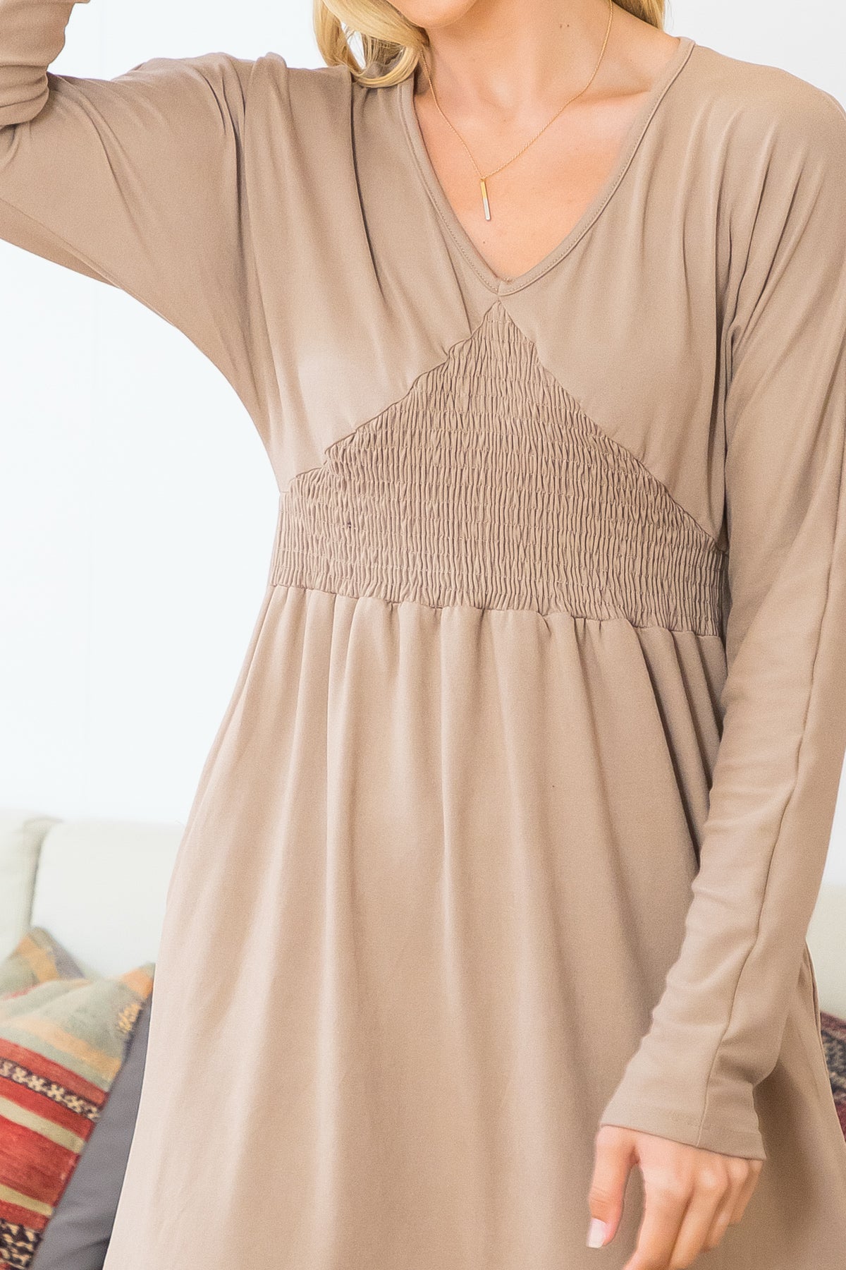 LONG SLEEVE PLUNGING NECKLINE SMOCKED DRESS 1-2-2-2 (NOW $10.75 ONLY!)