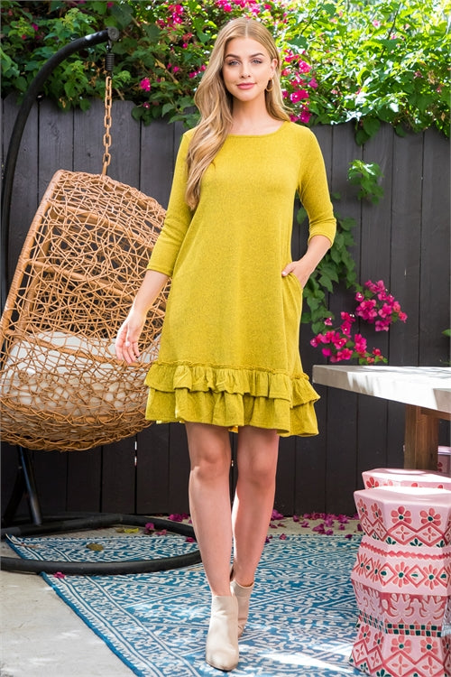 YMD10016-QUARTER SLEEVE RUFFLE HEM DETAIL DRESS 0-4-0-0