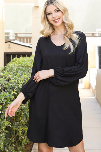 SOLID V-NECK TUNNEL LONG SLEEVE DRESS 1-2-2-1