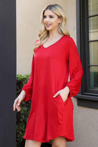 SOLID V-NECK TUNNEL LONG SLEEVE DRESS 1-2-2-1