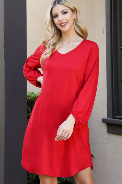 SOLID V-NECK TUNNEL LONG SLEEVE DRESS 1-2-2-1