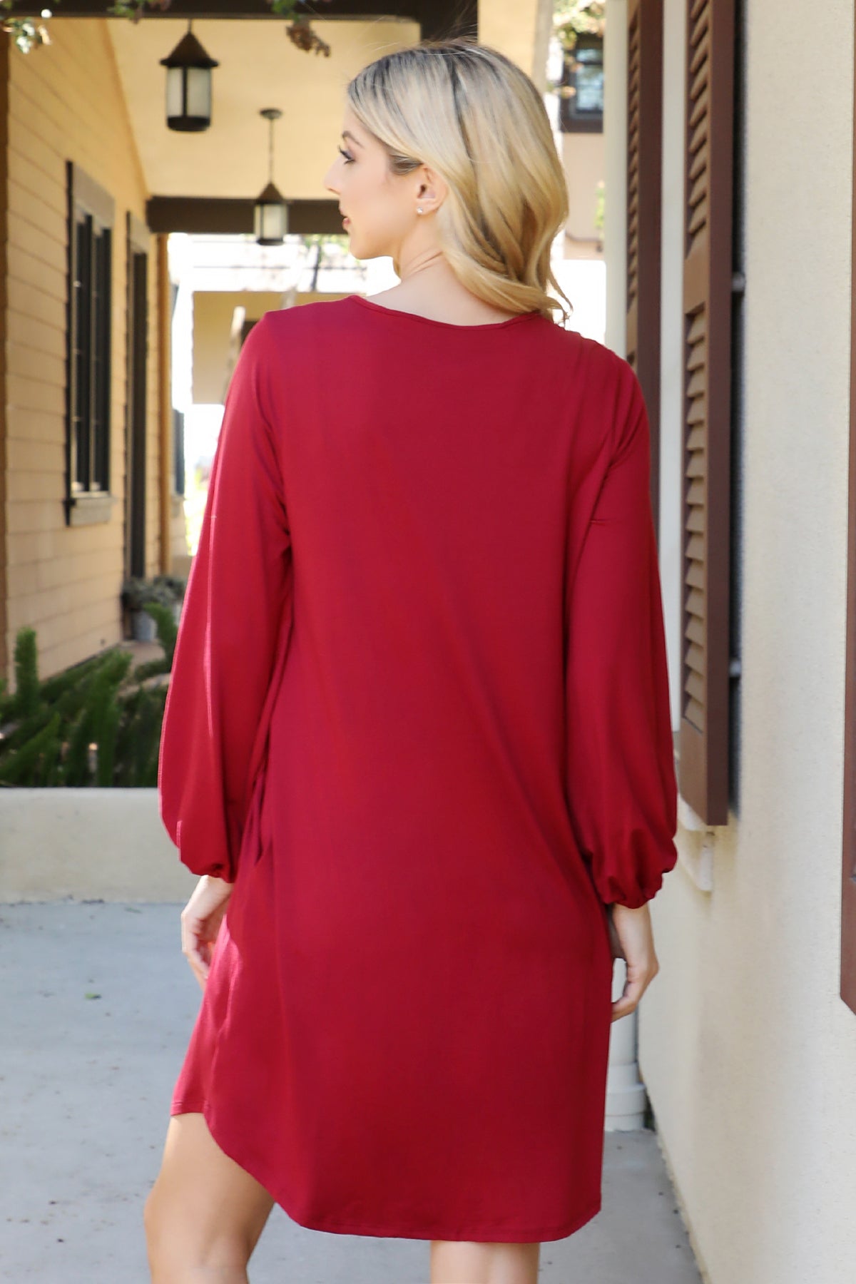 SOLID V-NECK TUNNEL LONG SLEEVE DRESS 1-2-2-1