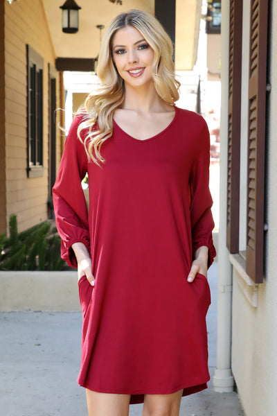 SOLID V-NECK TUNNEL LONG SLEEVE DRESS 1-2-2-1