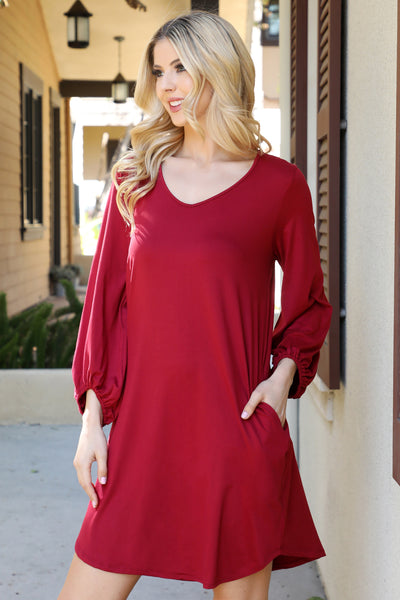 SOLID V-NECK TUNNEL LONG SLEEVE DRESS 1-2-2-1