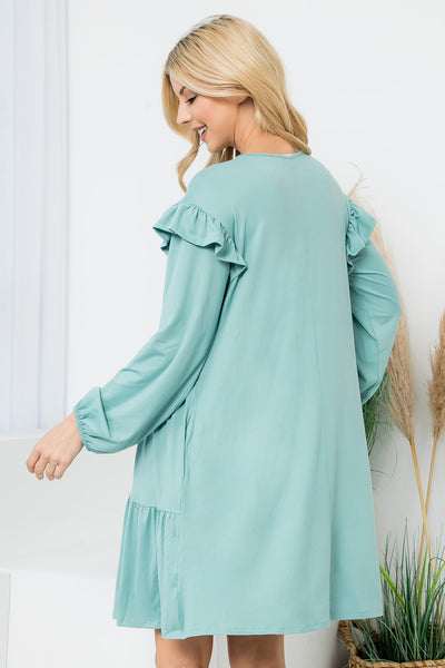 LONG SLEEVE RUFFLE DETAIL SOLID DRESS 1-1-1-1