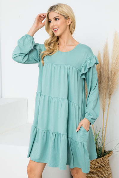 LONG SLEEVE RUFFLE DETAIL SOLID DRESS 1-1-1-1