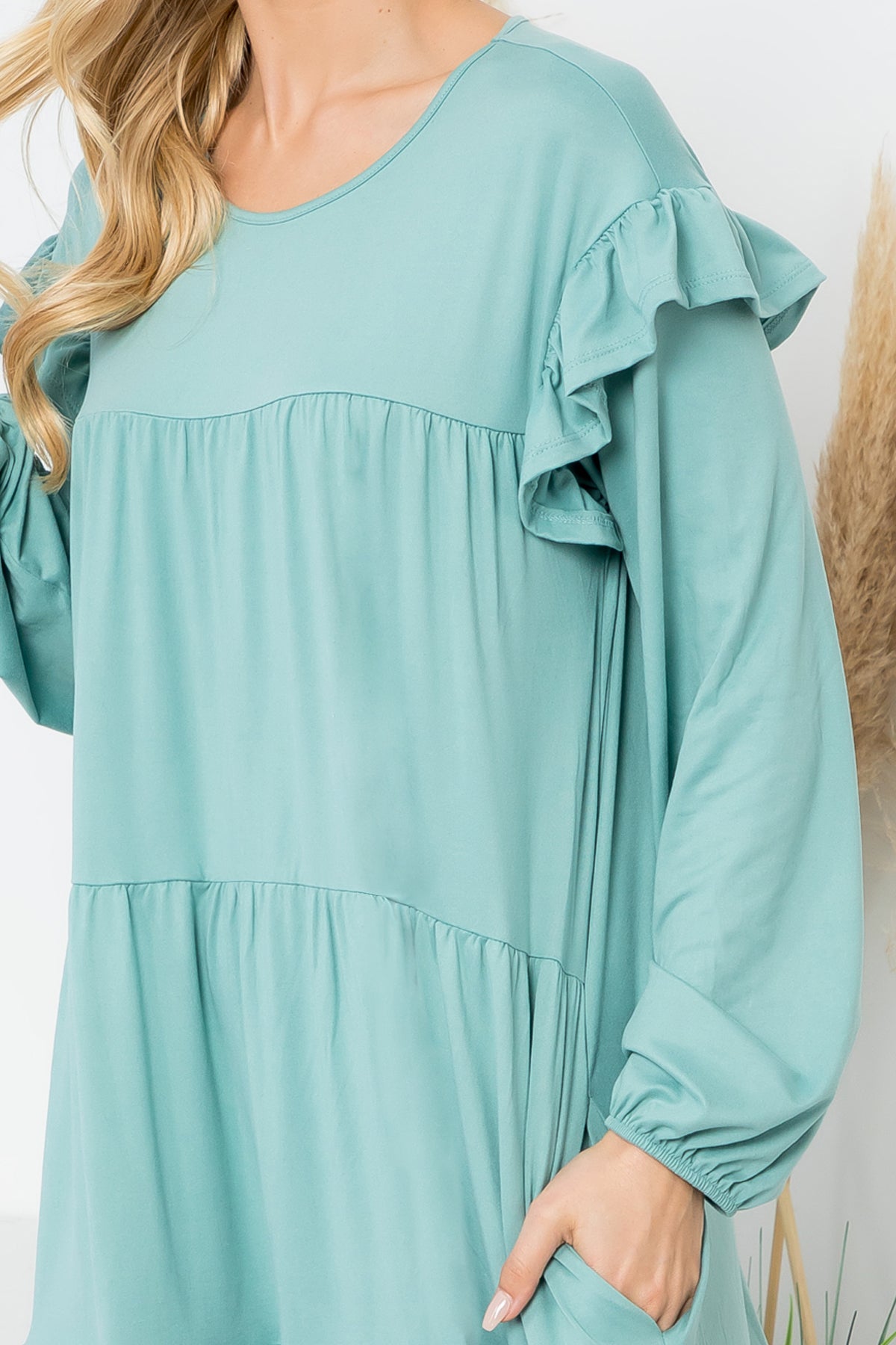 LONG SLEEVE RUFFLE DETAIL SOLID DRESS 1-1-1-1