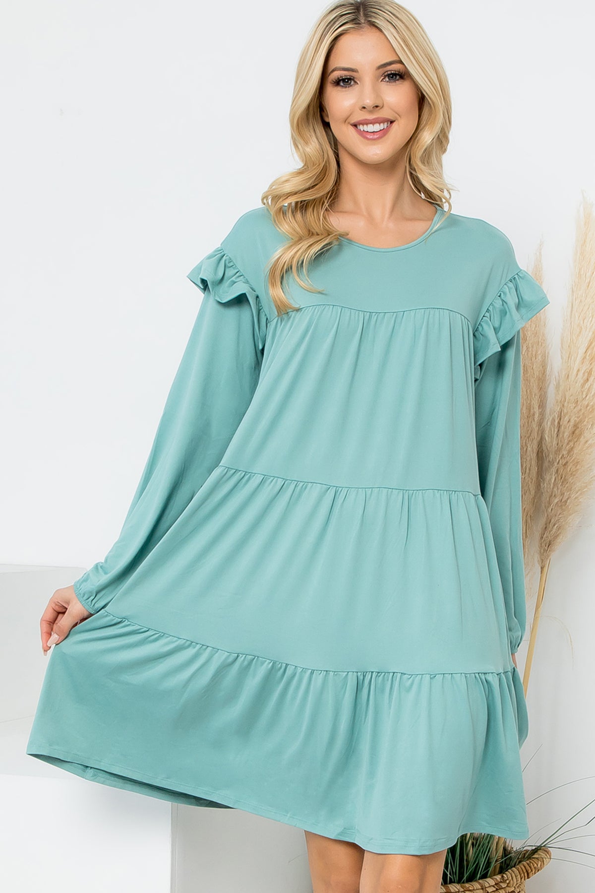 LONG SLEEVE RUFFLE DETAIL SOLID DRESS 1-1-1-1