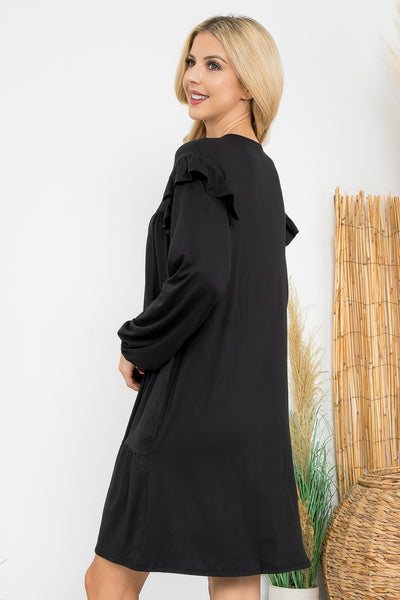 LONG SLEEVE RUFFLE DETAIL SOLID DRESS 1-1-1-1