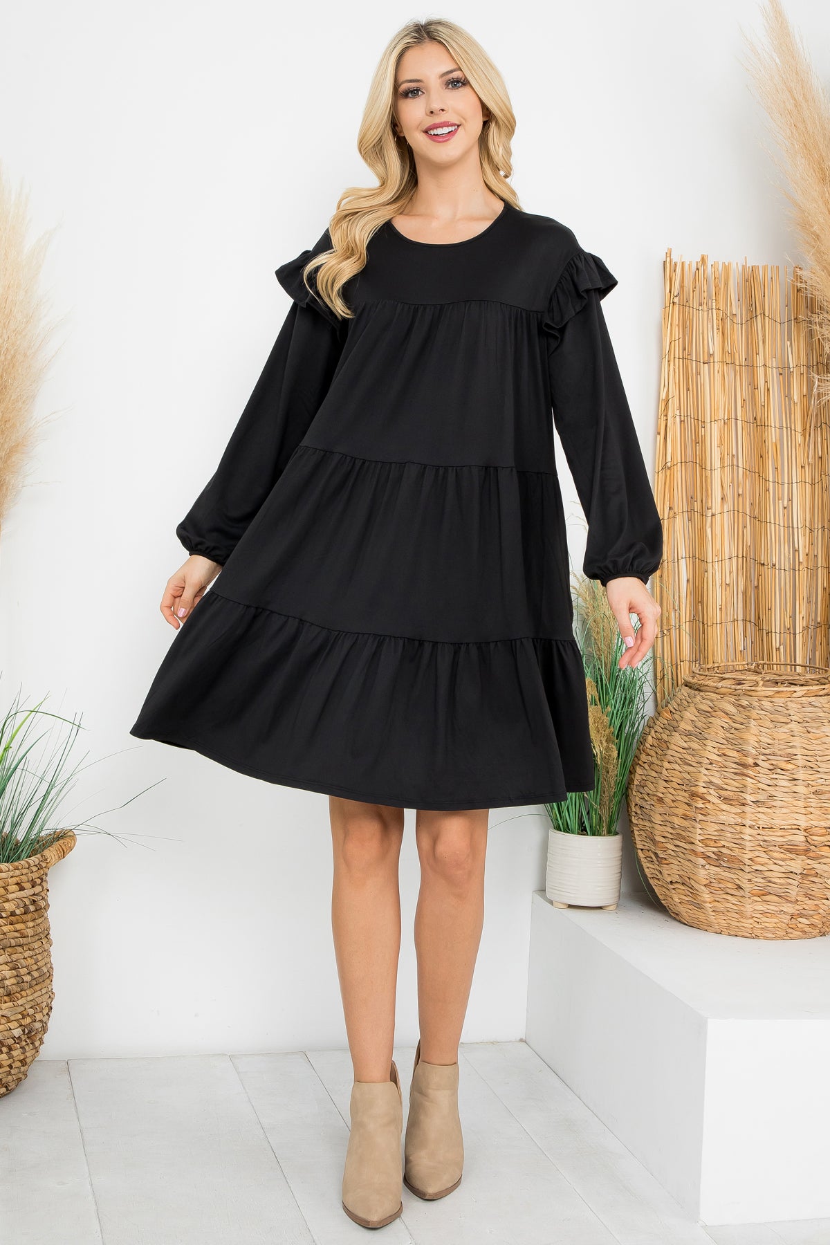 LONG SLEEVE RUFFLE DETAIL SOLID DRESS 1-1-1-1