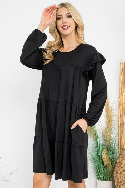 LONG SLEEVE RUFFLE DETAIL SOLID DRESS 1-1-1-1